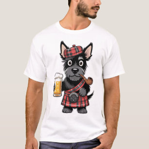 Schottischer Terrier in Tartan-Kilt mit Bier und P T-Shirt