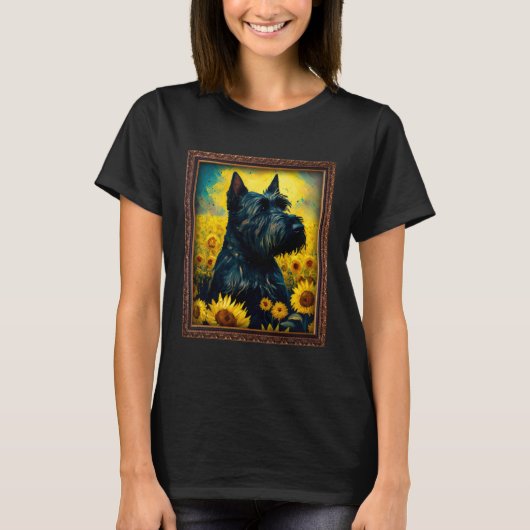 Schottischer Terrier malt Sonnenblumen-Blume-Mutte T-Shirt (Vorderseite)