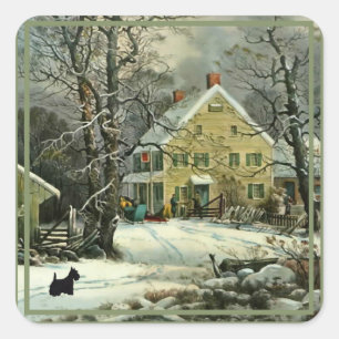 Schottischer Terrier Old Fashioned Winter Square S Quadratischer Aufkleber