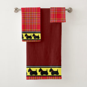 Schottischer Terrier/roter Halsband/rotes Karo/Gre Badhandtuch Set