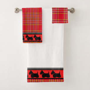 Schottischer Terrier/Roter Kragen/Rot kariert/Gren Badhandtuch Set