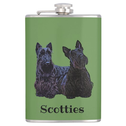 Schottischer Terrier schwarz, sitzend/stehend Flachmann (Vorderseite)