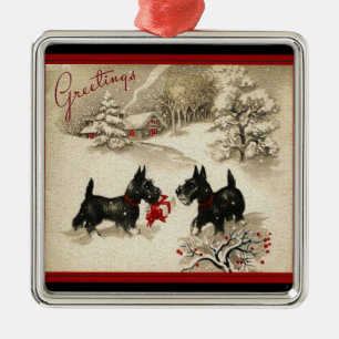 Schottischer Terrier Vintage-Druck Weihnachtsbauma Silbernes Ornament