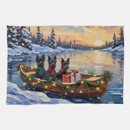 Schottischer Terrier Weihnachtsboot-Feiertag Geschirrtuch (Horizontal)