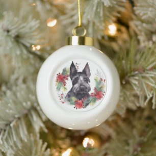 Schottischer Terrier Weihnachtskranz Festlicher Hu Keramik Kugel-Ornament