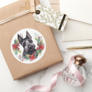 Schottischer Terrier Weihnachtskranz Festlicher Hu Runder Aufkleber