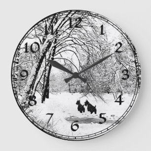 Schottischer Terrier-Winter-Schnee-Uhr Große Wanduhr