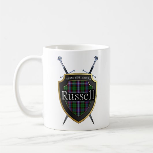 Schottisches Clan-Russelltartan-Schild u. Kaffeetasse (Links)
