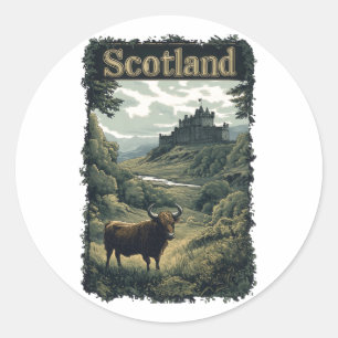 Schottland Design: Highland-Kuh, Schloss und Lands Runder Aufkleber