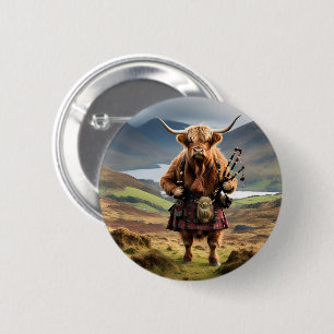 Schottland Highland Cow Bagpiper Button