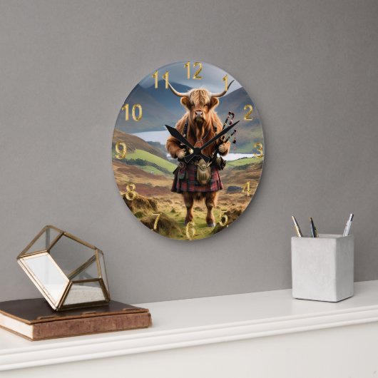 Schottland Highland Cow Bagpiper Große Wanduhr (Büro)