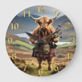 Schottland Highland Cow Bagpiper Große Wanduhr (Vorderseite)