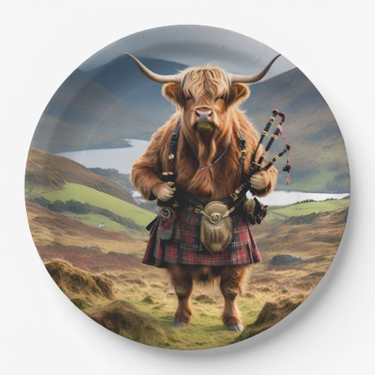 Schottland Highland Cow Bagpiper Pappteller (Vorderseite)