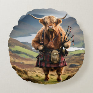 Schottland Highland Cow Bagpiper Rundes Kissen