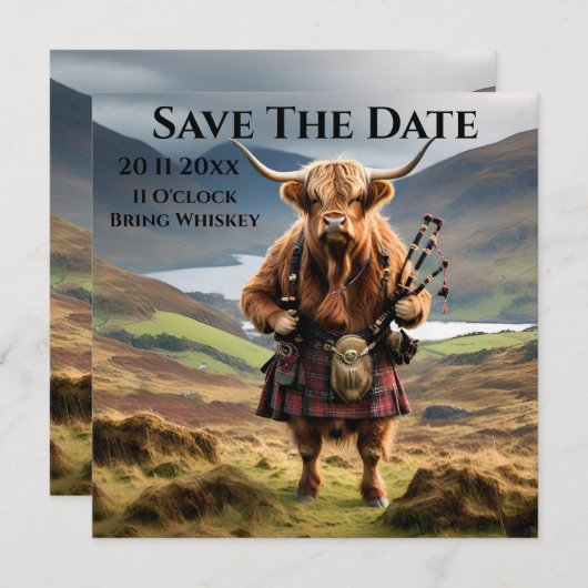 Schottland Highland Cow Bagpiper Save The Date (Vorne/Hinten)