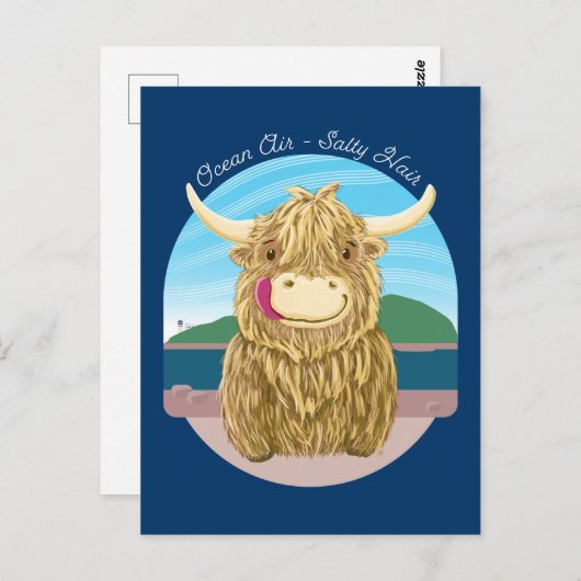 Schottland-Kuh mit Salty-Haar im Ozean Postkarte (Vorne/Hinten)