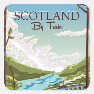 Schottland Mit Zuglokomotive Reiseplakat Quadratischer Aufkleber