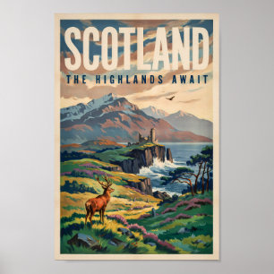 Schottland Scottish Highland-Hirsch-Illustration R Poster