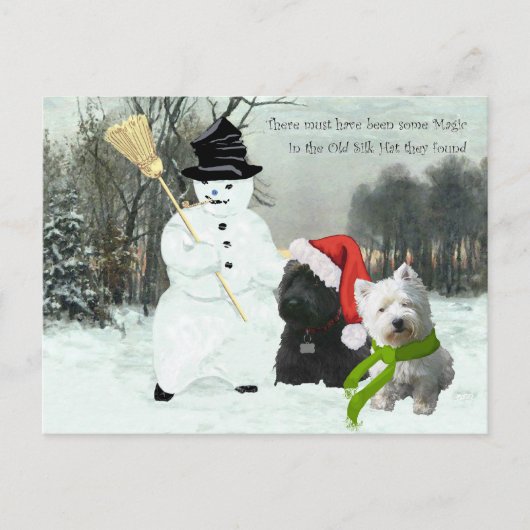 Schottland und Westie mit Snowman Feiertagspostkarte (Vorderseite)