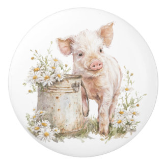 Schrankknauf Bauernhaus-Blumen-Schwein mit Gänsebl Keramikknauf