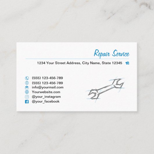 Schraubenschlüssel, handgezogen. Reparaturservice, Visitenkarte (Vorderseite)