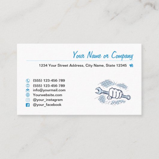 Schraubenschlüssel, handgezogen. Reparaturservice, Visitenkarte (Vorderseite)