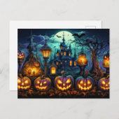 Schreckliche, glühende Kürbis unter Vollmond Postkarte (Vorne/Hinten)