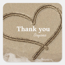 Schreiben in Sand Heart Beach Hochzeitssticker Quadratischer Aufkleber