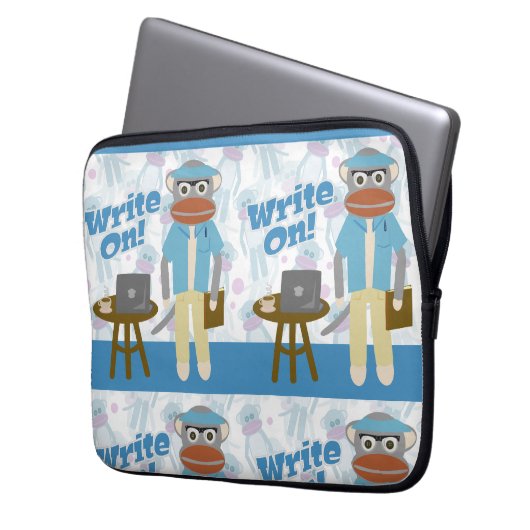 Schreiben Sie auf Sock Monkey Author Fun Cartoon Laptopschutzhülle (Vorderseite Links)