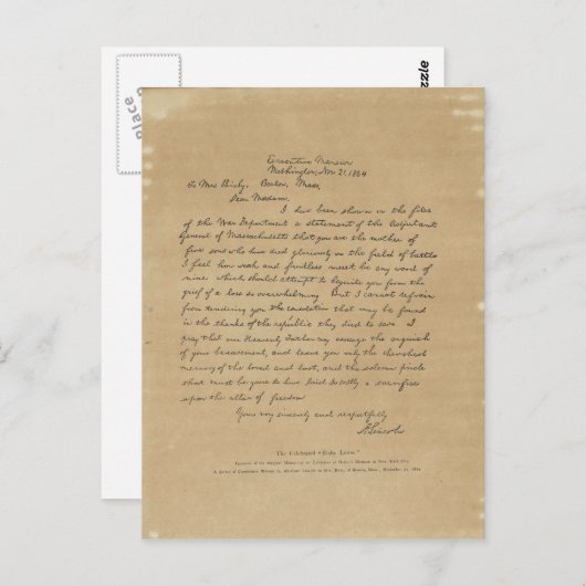 Schreiben von Präsident Abraham Lincoln an Frau Bi Postkarte (Vorne/Hinten)