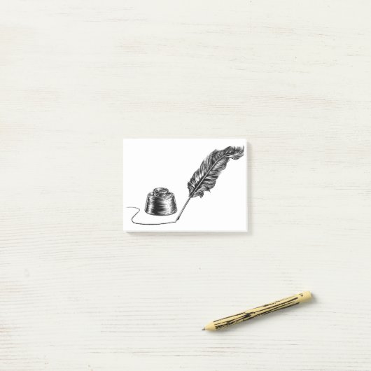 Schreiben von Quill Feather Pen und Inkwell Post-it Klebezettel (Auf Schreibtisch)