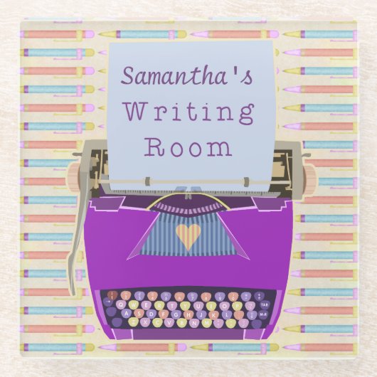 Schreibens-Raum-Autorn-Name-lila Schreibmaschine Glasuntersetzer (Vorderseite)