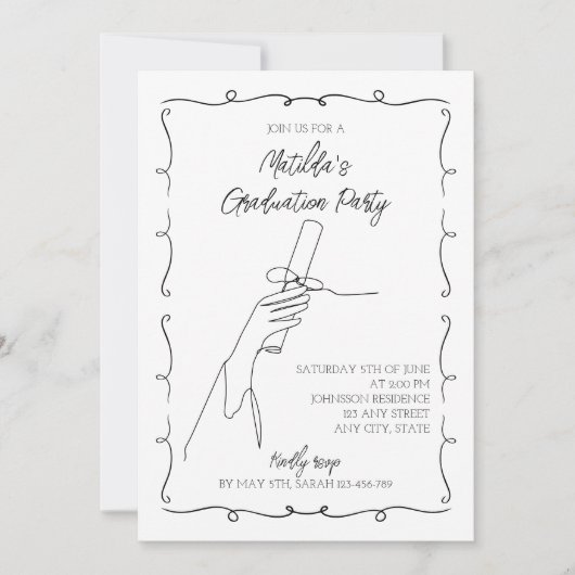 Schreibhandzeichnete schwarz-weiße Graduierungspar Einladung (Vorderseite)