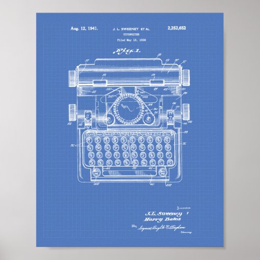 Schreibmaschine 1941 Patentart - Blueprint Poster (Vorne)