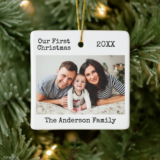 Schreibmaschine Erste Weihnachtsfamilie Foto Keramikornament (Baum)