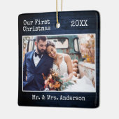 Schreibmaschine Text Blue Wood Erste Weihnachtsfei Keramikornament (Links)