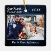 Schreibmaschine Text Blue Wood Erste Weihnachtsfei Keramikornament (Vorderseite)