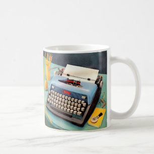 Schreibmaschine und Bild der 50er Jahre Kaffeetasse