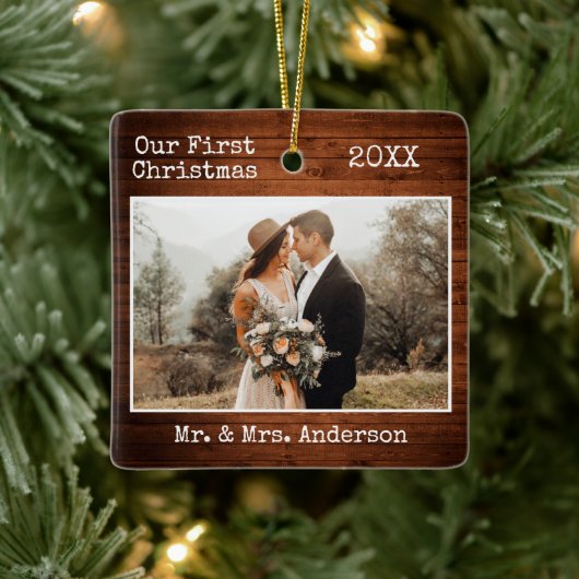 Schreibmaschine Wood First Christmas Wedding Foto Keramikornament (Baum)