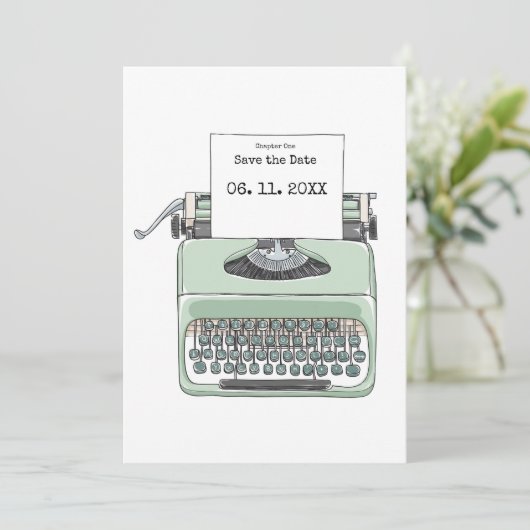 Schreibmaschinenbuch zum Thema Hochzeit Save The Date (Stehend Vorderseite)