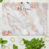 Schreibname/Blk Monogramm, Weiß- und Rose-Gold-Mar Geschirrtuch (Gefaltet)