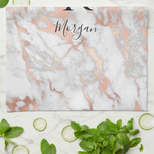 Schreibname/Blk Monogramm, Weiß- und Rose-Gold-Mar Geschirrtuch (Gefaltet)