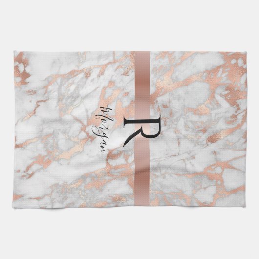 Schreibname/Blk Monogramm, Weiß- und Rose-Gold-Mar Geschirrtuch (Horizontal)