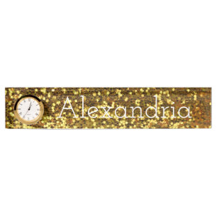 Schreibtisch-Namensschild mit Clock/Gold-Glitzer Namensplakette