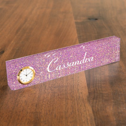 Schreibtisch-Nummernschild mit Uhr/rosa Glitzer Namensplakette (Seite)