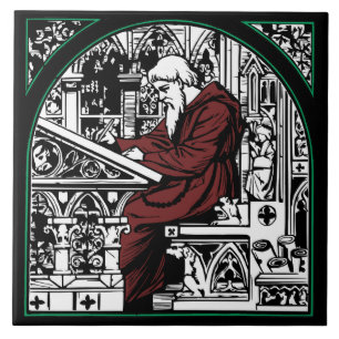 Schreibtisch und Mönch aus dem Mittelalter Fliese
