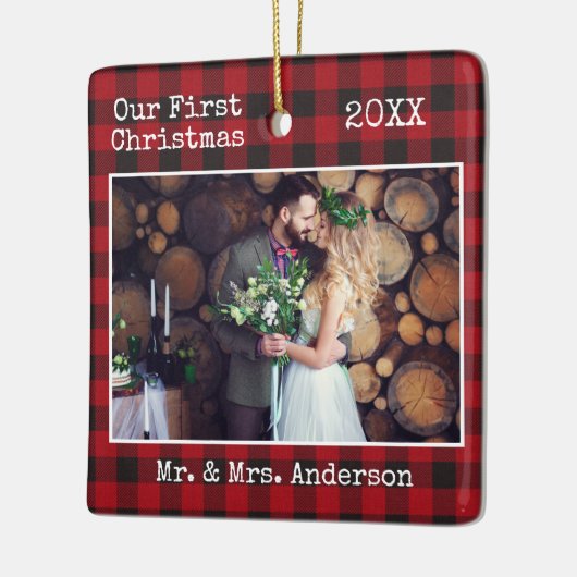 Schrift Erste Karierte Hochzeit Keramikornament (Links)