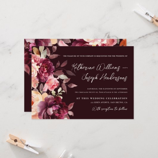 Schrift Kalligrafie Blumenstrauß Floral Burgund Ho Einladung (Vorderseite/Rückseite Beispiel)