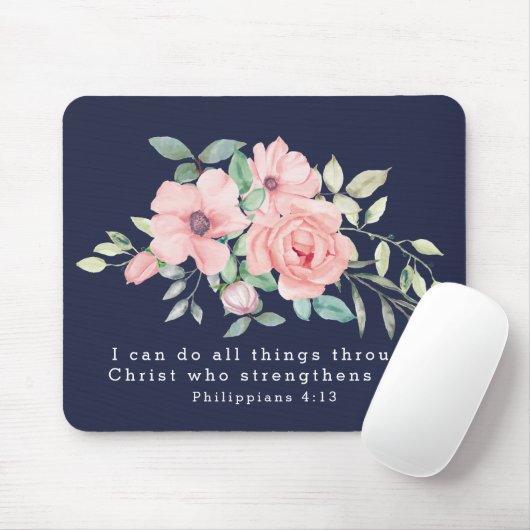 Schrift Philipper 4:13 Floral Wasserfarbe Navy Mousepad (Mit Mouse)