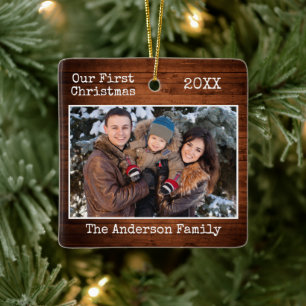 Schrift Text Wood First Christmas Family Foto Keramikornament